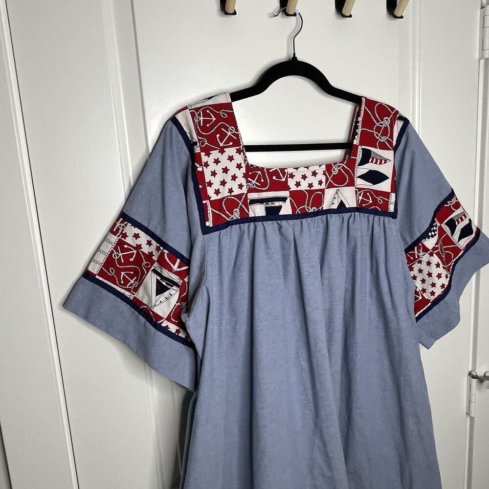Vtg 70s Krist Gudnason Dress XL Nautical Anchor Patriotic US Flag Muumuu Kaftan - Picture 3 of 9